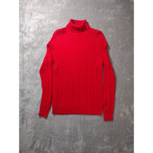Lands End Sweater Womens M/10-12 Turtleneck Bright Red Cable Knit Cotton Preppy